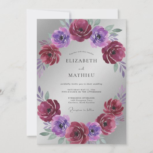 Magenta Violet Ranunculus Eucalyptus Bruiloft Kaart (Voorkant)