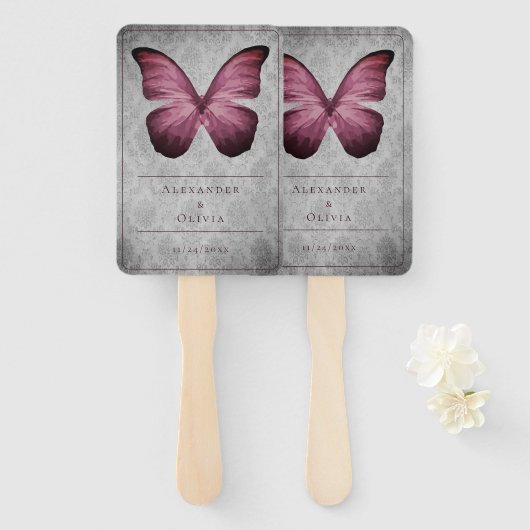 Magenta Vlinder Damask Trouwgunst Handwaaier (Voorkant en achterkant)