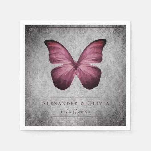 Magenta  Vlinder Damast Bruiloft Servet (Voorkant)