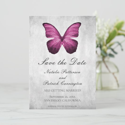 Magenta Vlinder Save the Date Uitnodiging (Staand voorkant)