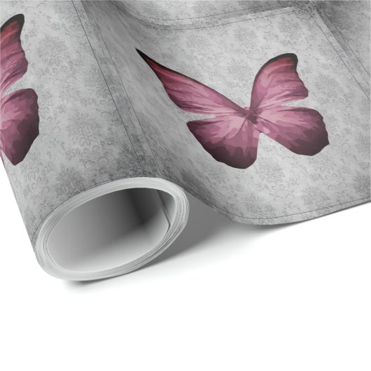 Magenta  vlinderdamast cadeaupapier (Rol Hoek)