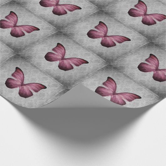 Magenta  vlinderdamast cadeaupapier (Hoek)