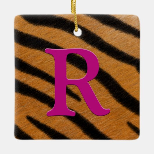 Magenta voor Tiger Fur Gepersonaliseerd monogram e Keramisch Ornament (Voorkant)