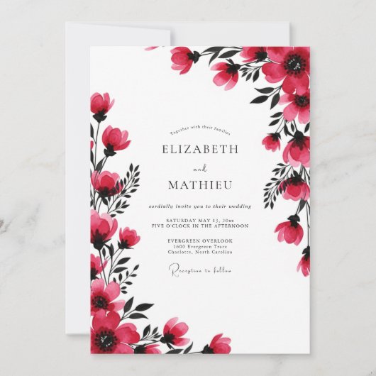 Magenta Watercolor Romantische Bruiloft Kaart (Voorkant)