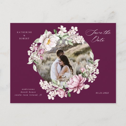magenta waterverf floral save the date briefkaart (Voorkant)