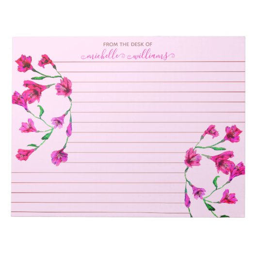 Magenta Waterverf Flowers Gepersonaliseerd Notitieblok (Voorkant)