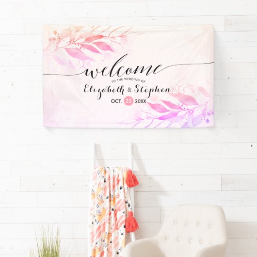 Magenta Waterverf laat Floral Wedding Welkom achte Spandoek (Insitu)