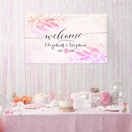Magenta Waterverf laat Floral Wedding Welkom achte Spandoek (Feest)