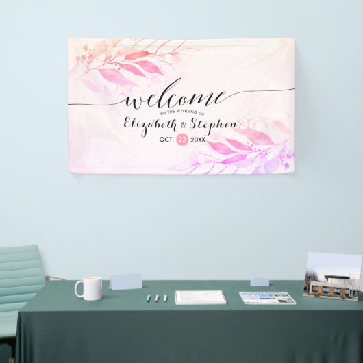 Magenta Waterverf laat Floral Wedding Welkom achte Spandoek (Beurs)