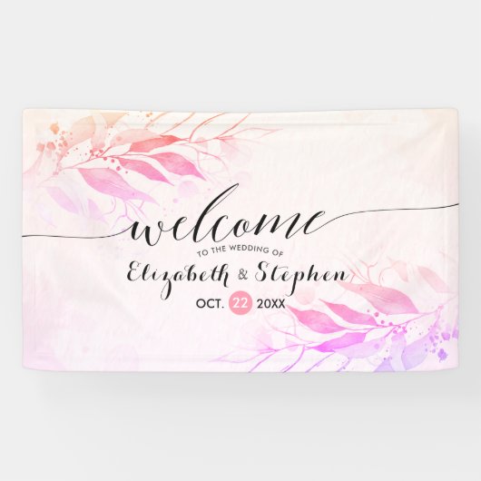 Magenta Waterverf laat Floral Wedding Welkom achte Spandoek (Horizontaal)