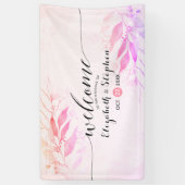 Magenta Waterverf laat Floral Wedding Welkom achte Spandoek (Verticaal)