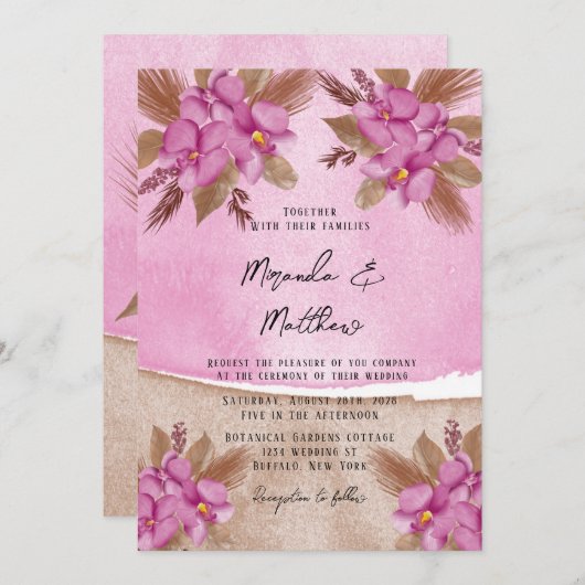 Magenta Waterverf Orchids Wedding Uitnodiging 2 (Voorkant / Achterkant)