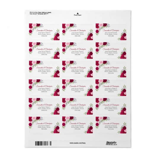 Magenta Waterverf Rozen Elegant Trouwadres Etiket (Full Sheet)
