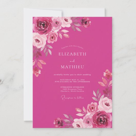 Magenta Weelderige Roos Romantisch Huwelijk Kaart (Voorkant)