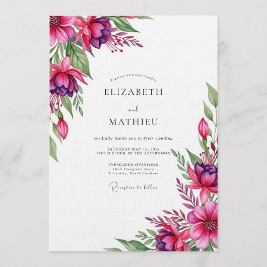Magenta Whimsical Bloom Wedding Kaart (Voorkant)