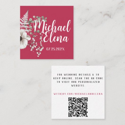 Magenta & White Floral Wedding Details QR Code Vierkante Visitekaartje (Voorkant / Achterkant)