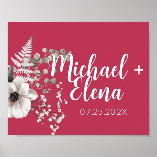 Magenta & White Floral Wedding Wall Afdrukken Poster (Voorkant)