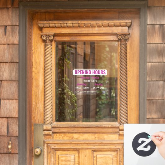 Magenta White Retro Script QR Code Opening Hours Raamsticker (Huis Deur)
