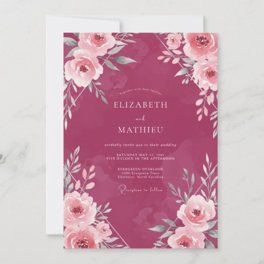 Magenta Wilde Bloemen Bruiloft Kaart (Voorkant)