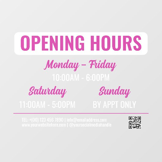 Magenta Wit Retro Script QR Code Openingstijden Raamsticker (Vel)