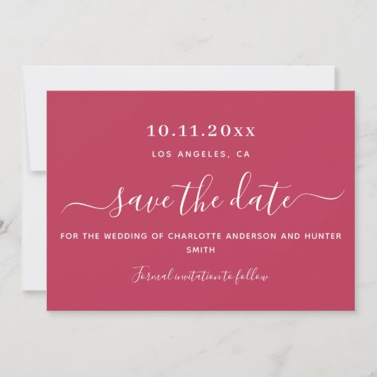 Magenta witte bruiloft save the date (Voorkant)