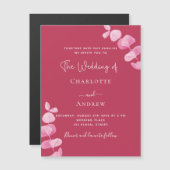 Magenta witte eucalyptus luxe bruiloft magnetische uitnodiging (Voorkant / Achterkant)