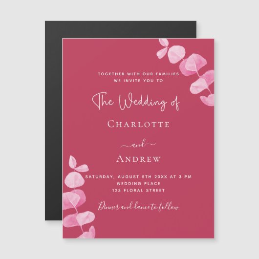 Magenta witte eucalyptus luxe bruiloft magnetische uitnodiging (Voorkant / Achterkant)