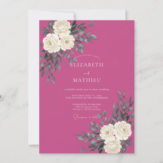 Magenta Witte Ranunculus Eucalyptus Bruiloft Kaart (Voorkant)