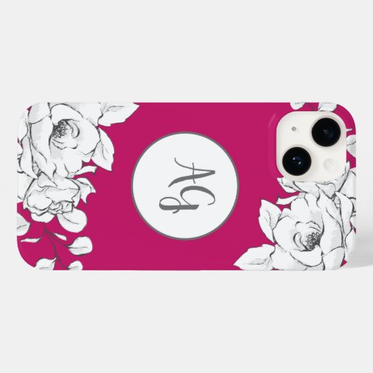 Magenta wittebloemmonogram Case-Mate iPhone case (Achterkant (horizontaal))