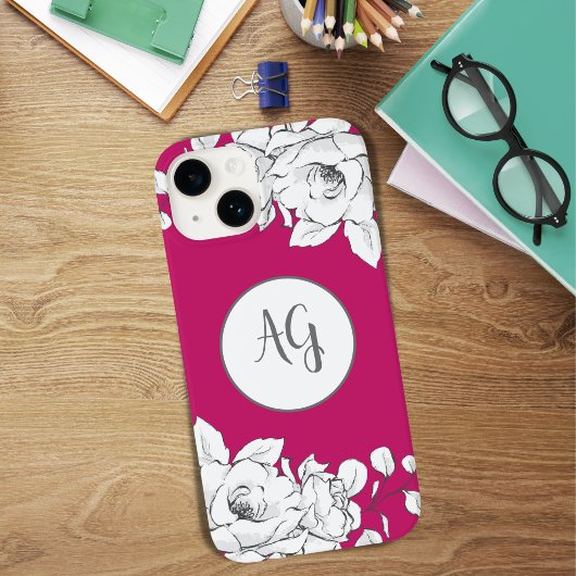 Magenta wittebloemmonogram Case-Mate iPhone case