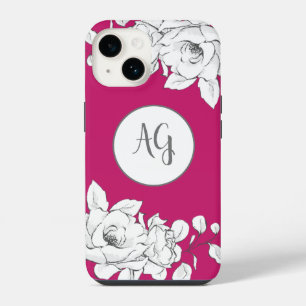 Magenta wittebloemmonogram iPhone 14 hoesje