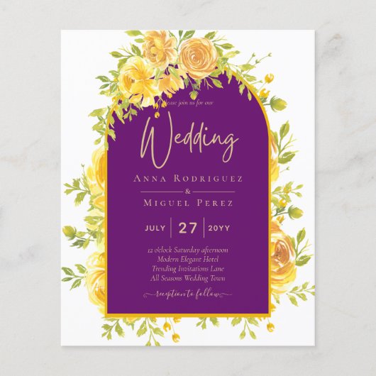 Magenta Yellow Roses Plum Paars Gold Wedding (Voorkant)