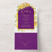 Magenta Yellow Roses Plum Paars Gold Wedding All In One Uitnodiging (Binnen)