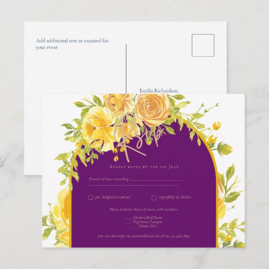 Magenta Yellow Roses Plum Paars Gold Wedding Briefkaart (Voorkant / Achterkant)