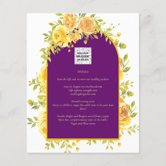 Magenta Yellow Roses Plum Paars Gold Wedding Flyer (Achterkant)