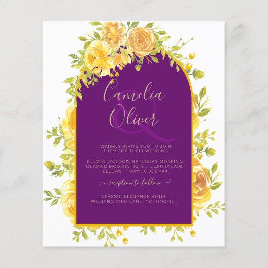 Magenta Yellow Roses Plum Paars Gold Wedding Flyer (Voorkant)