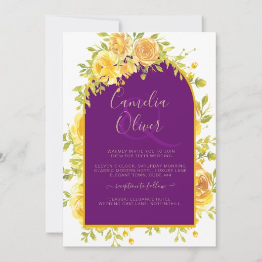 Magenta Yellow Roses Plum Paars Gold Wedding Kaart (Voorkant)