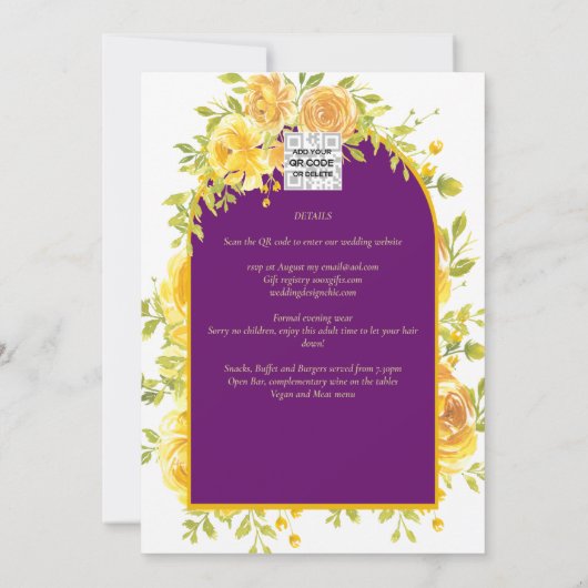 Magenta Yellow Roses Plum Paars Gold Wedding Kaart (Achterkant)