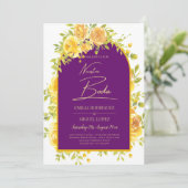 Magenta Yellow Roses Plum Paars Gold Wedding Kaart (Staand voorkant)