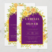 Magenta Yellow Roses Plum Paars Gold Wedding Kaart (Voorkant / Achterkant)