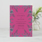 Magenta Zilveren Blad Bruiloft Kaart (Staand voorkant)