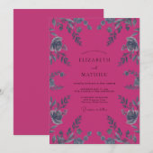 Magenta Zilveren Blad Bruiloft Kaart (Voorkant / Achterkant)