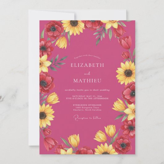 Magenta Zonnebloem Klaproos Bruiloft Kaart (Voorkant)