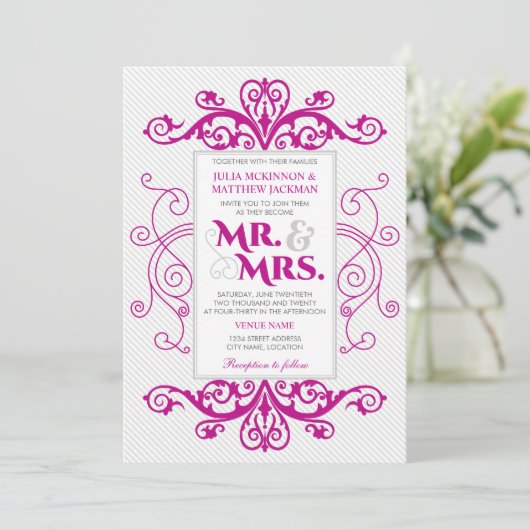 Magenta zwemt de heer en mevrouw Wedding Kaart (Staand voorkant)