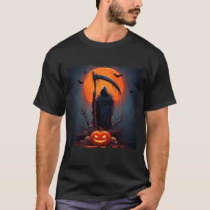 Magere Hein met Halloween pompoen en volle maan T-shirt