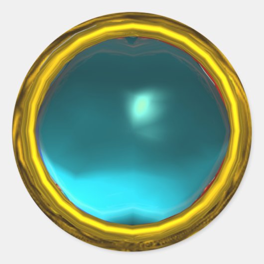 MAGIC AQUA BLUE AQUAMARINE GEM STONE GOLD YELLOW RONDE STICKER (Voorkant)