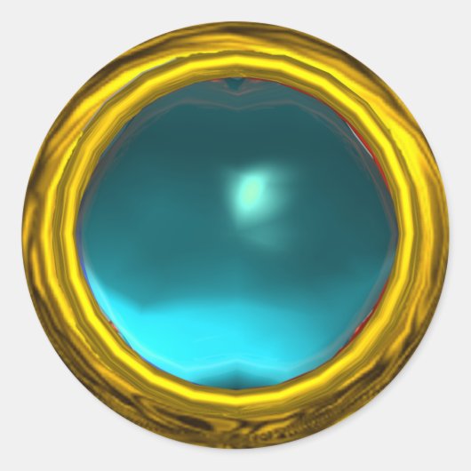 MAGIC AQUA BLUE AQUAMARINE GEM STONE GOLD YELLOW RONDE STICKER (Voorkant)