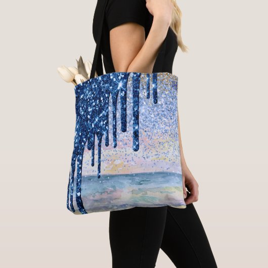 *~* Magic Beach Gold Blue Drip Glitter Tote Bag (Dichtbij)