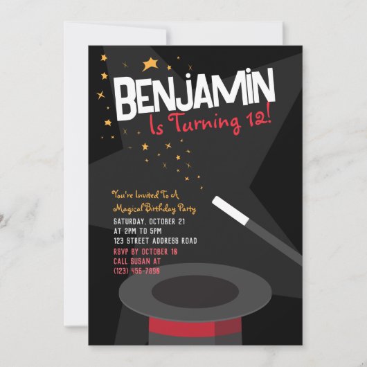 Magic Birthday Invitation - Magic Wand & Stars Kaart (Voorkant)