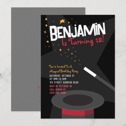 Magic Birthday Invitation - Magic Wand & Stars Kaart (Voorkant / Achterkant)